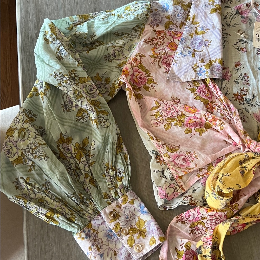 Free People Mixed Floral Tie-Front Puff Sleeve Crop Top in Pink & Yellow - Picture 5 of 5